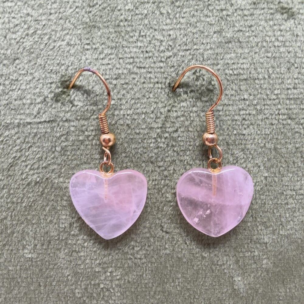 Vintage Rose Quartz Heart Dangle Hook Earrings Gold Tone 1.25in Drop